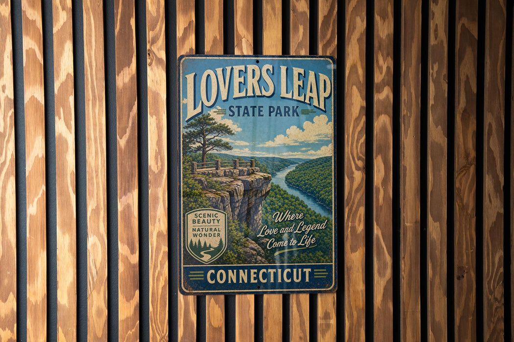 A vintage metal sign for "Lovers Leap State Park" hanging on a wooden wall.