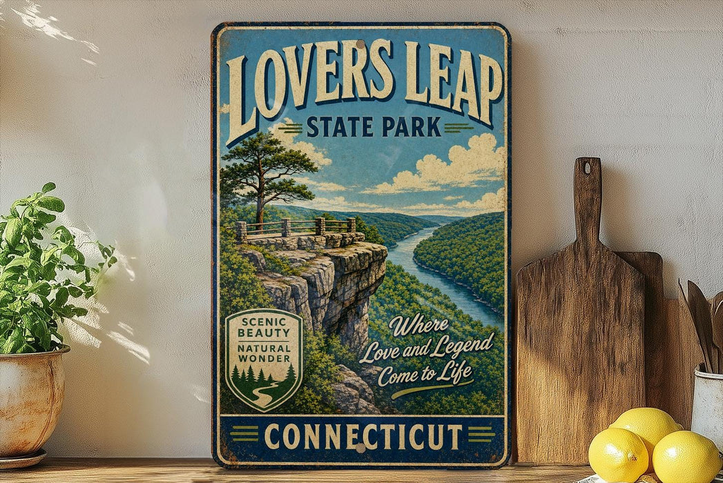 A vintage-style metal sign for "Lovers Leap State Park" in Connecticut, featuring a scenic landscape with a cliff overlooking a river.