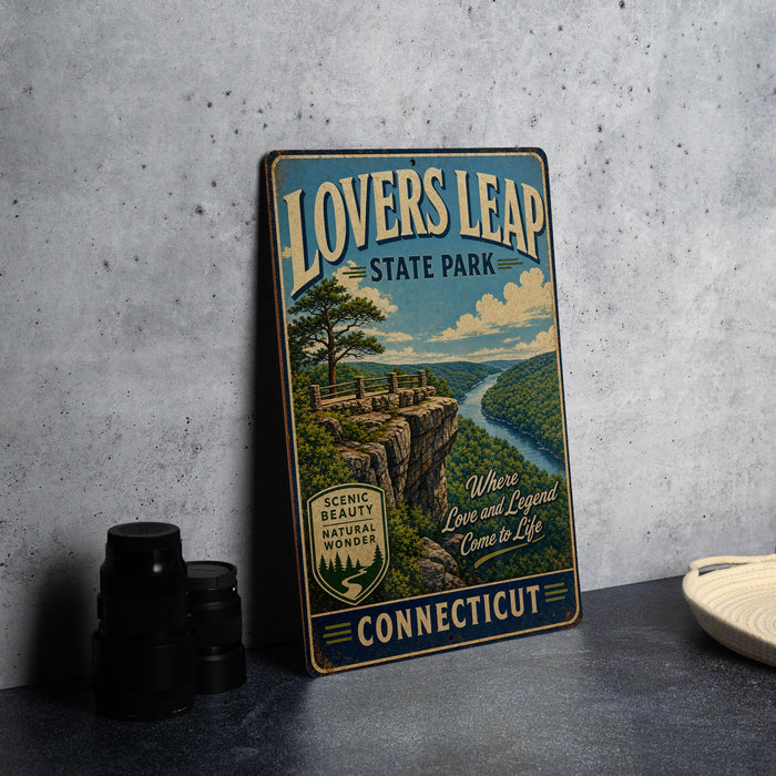 A vintage metal sign for "Lovers Leap State Park" in Connecticut, featuring a scenic landscape with a cliff overlooking a river.