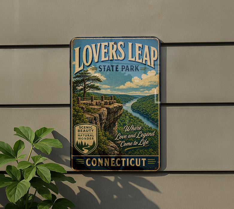 A vintage-style metal sign for "Lovers Leap State Park" in Connecticut, featuring a scenic landscape with a river and cliffs.