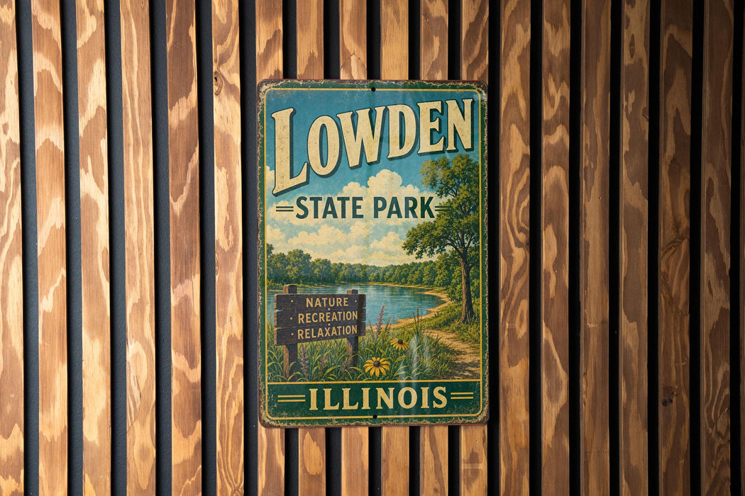 A vintage metal sign for Lowden State Park in Illinois, featuring a scenic landscape with a lake and trees.