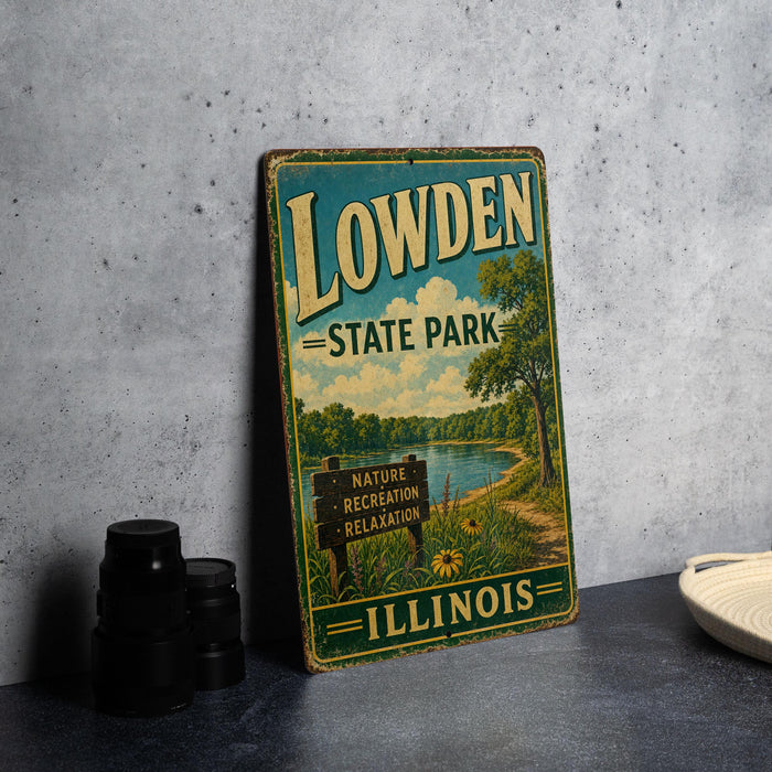 A vintage-style sign for Lowden State Park in Illinois, featuring a scenic landscape with a lake and trees.