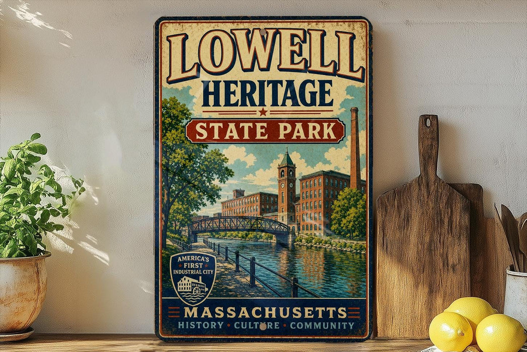 A vintage-style metal sign for Lowell Heritage State Park, featuring a scenic illustration of a river and buildings, is displayed on a shelf next to a wooden cutting board and some lemons.