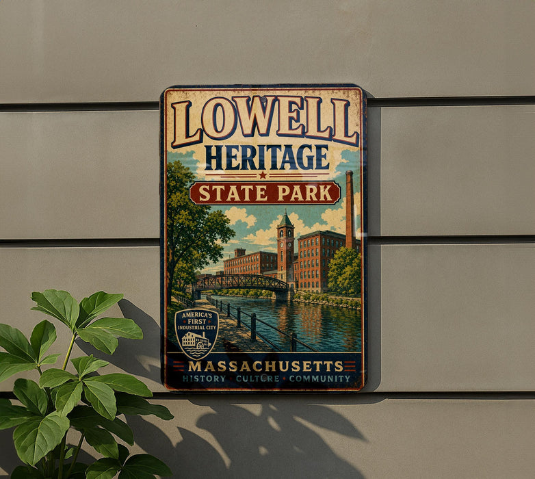 A vintage-style metal sign for Lowell Heritage State Park, featuring a scenic illustration of a river and buildings, mounted on a wall.