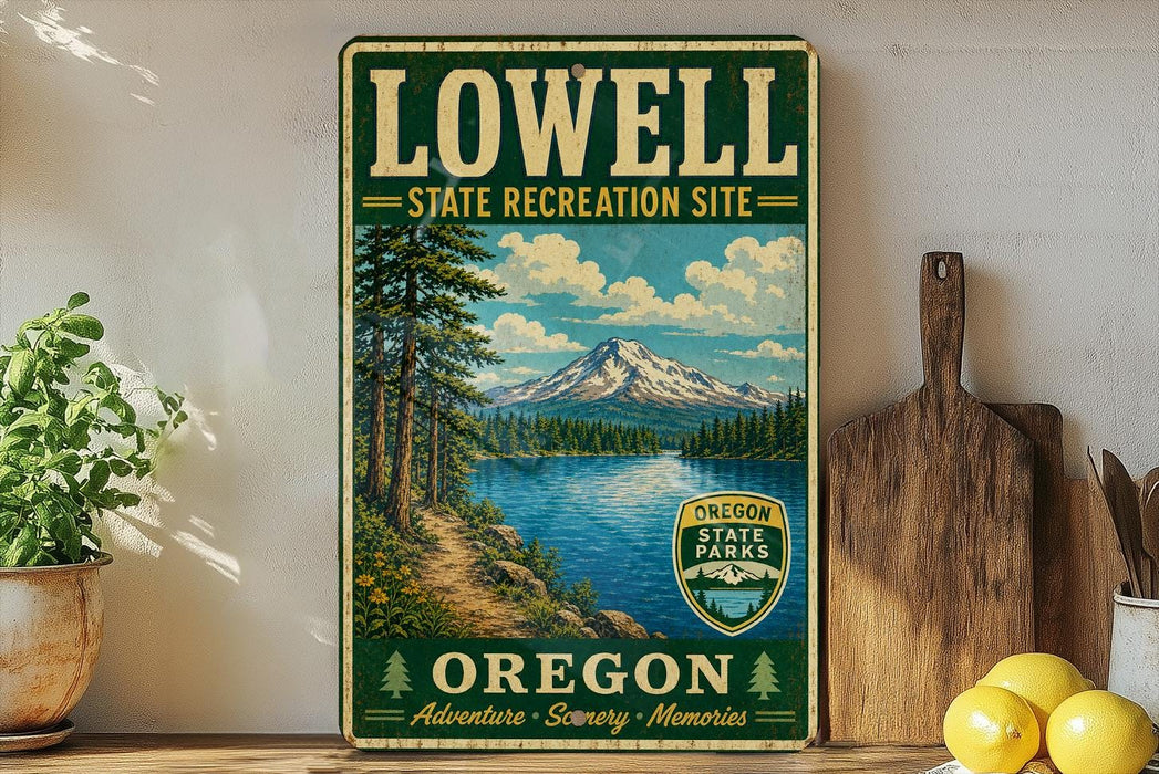 A vintage-style metal sign for the Lowell State Recreation Site in Oregon, featuring a scenic landscape with a mountain, lake, and forest.