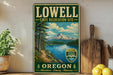 A vintage-style metal sign for the Lowell State Recreation Site in Oregon, featuring a scenic landscape with a mountain, lake, and forest.
