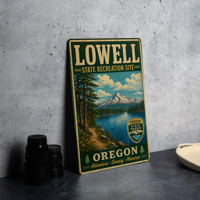 A vintage-style metal sign for the Lowell State Recreation Site in Oregon, featuring a scenic landscape with a mountain, lake, and forest.