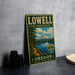 A vintage-style metal sign for the Lowell State Recreation Site in Oregon, featuring a scenic landscape with a mountain, lake, and forest.