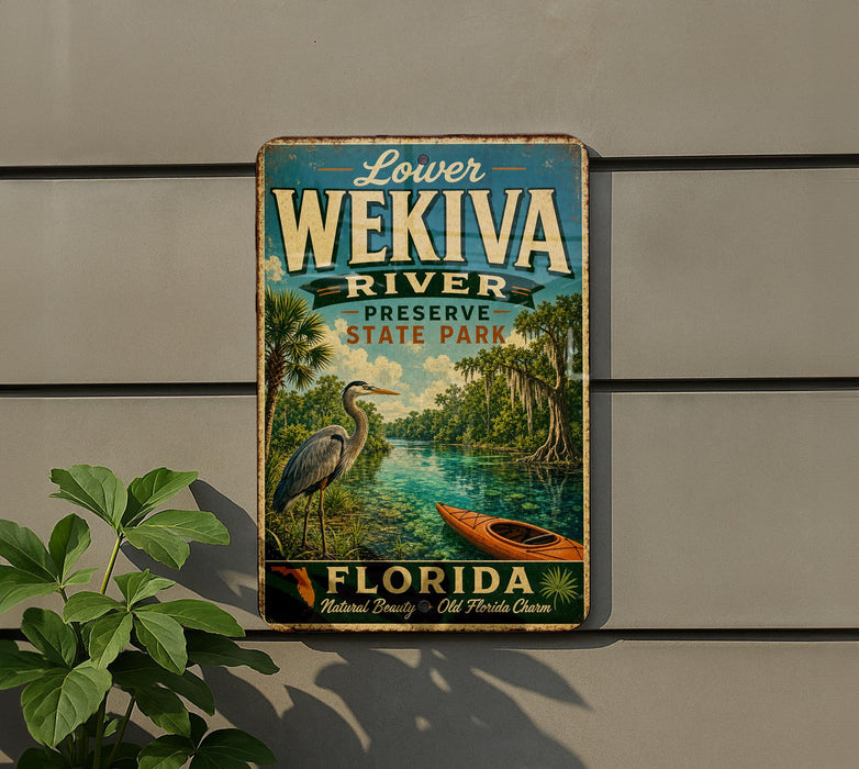 A vintage-style metal sign for Lower Wekiva River Preserve, Florida, featuring a seagull, palm trees, and a kayak on the water.