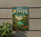 A vintage-style metal sign for Lower Wekiva River Preserve, Florida, featuring a seagull, palm trees, and a kayak on the water.
