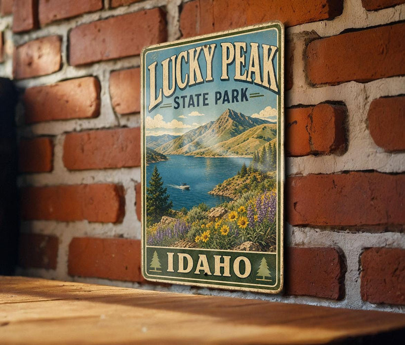 A vintage-style metal sign for Lucky Peak State Park in Idaho, featuring a scenic mountain landscape with a lake and surrounding vegetation.