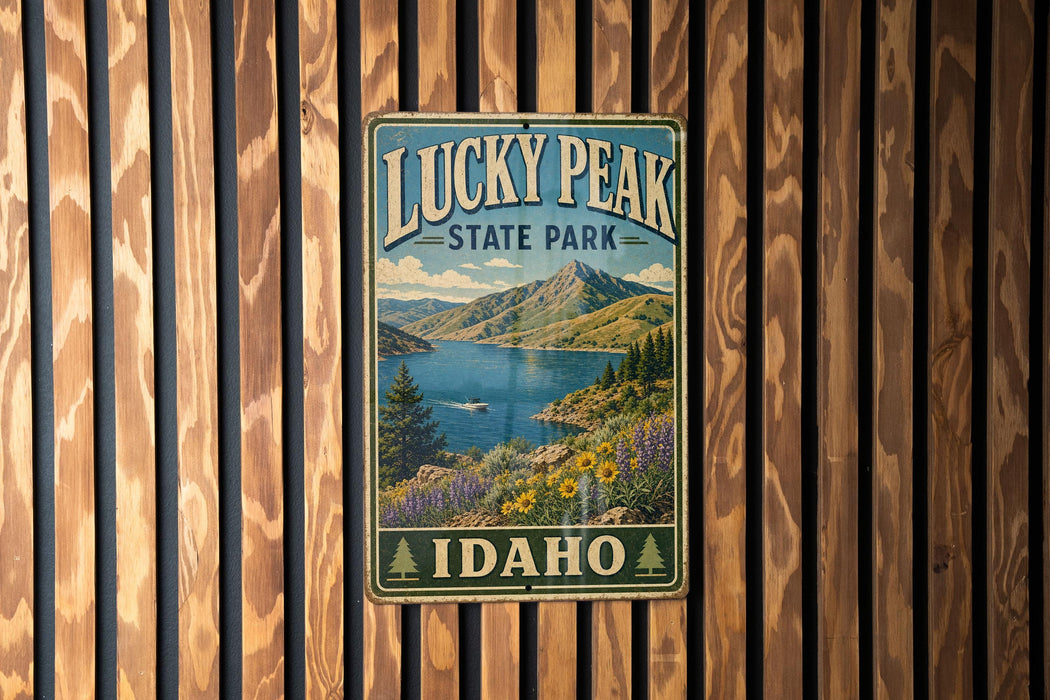 A vintage metal sign for Lucky Peak State Park in Idaho, featuring a scenic mountain landscape with a lake and wildflowers.