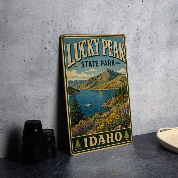 A vintage-style sign for Lucky Peak State Park in Idaho, featuring a scenic landscape with mountains, a lake, and colorful wildflowers.