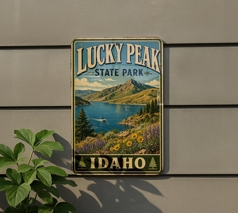 A vintage-style metal sign for Lucky Peak State Park in Idaho, featuring a scenic landscape with mountains, a lake, and wildflowers.