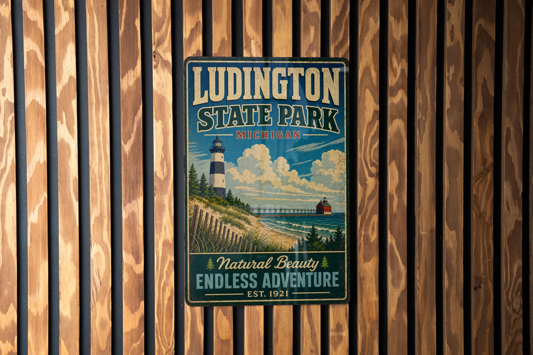 A vintage-style metal sign for Ludington State Park in Michigan, featuring a lighthouse and a scenic landscape.