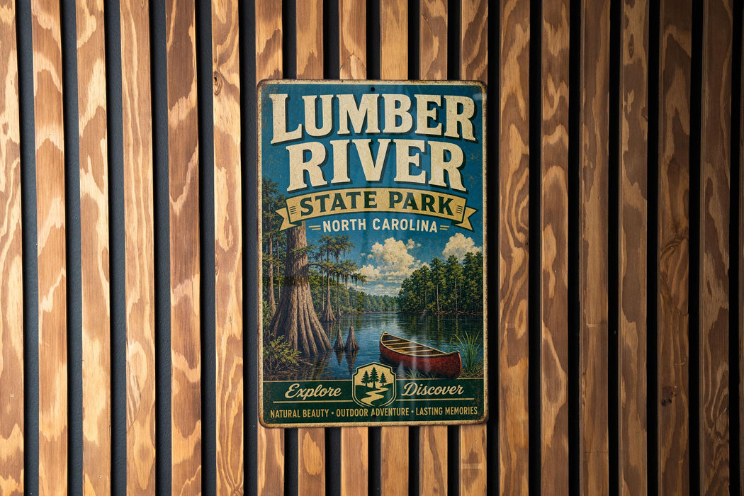A vintage-style metal sign for Lumber River State Park in North Carolina, featuring a scenic illustration of a river, trees, and a canoe.