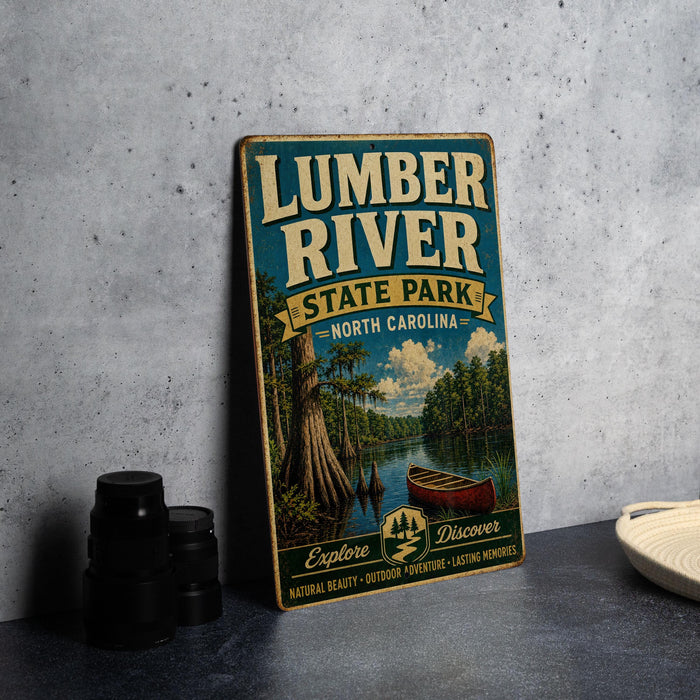A vintage-style sign for Lumber River State Park in North Carolina, featuring a scenic illustration of a river, trees, and a canoe.