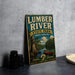 A vintage-style sign for Lumber River State Park in North Carolina, featuring a scenic illustration of a river, trees, and a canoe.