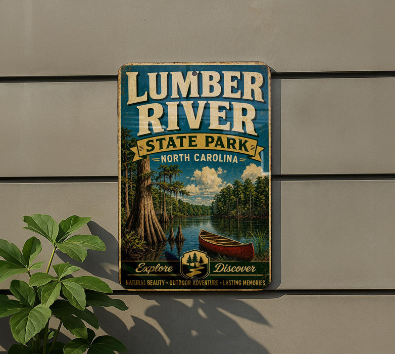 A vintage-style metal sign for Lumber River State Park in North Carolina, featuring a scenic illustration of a river, trees, and a canoe.