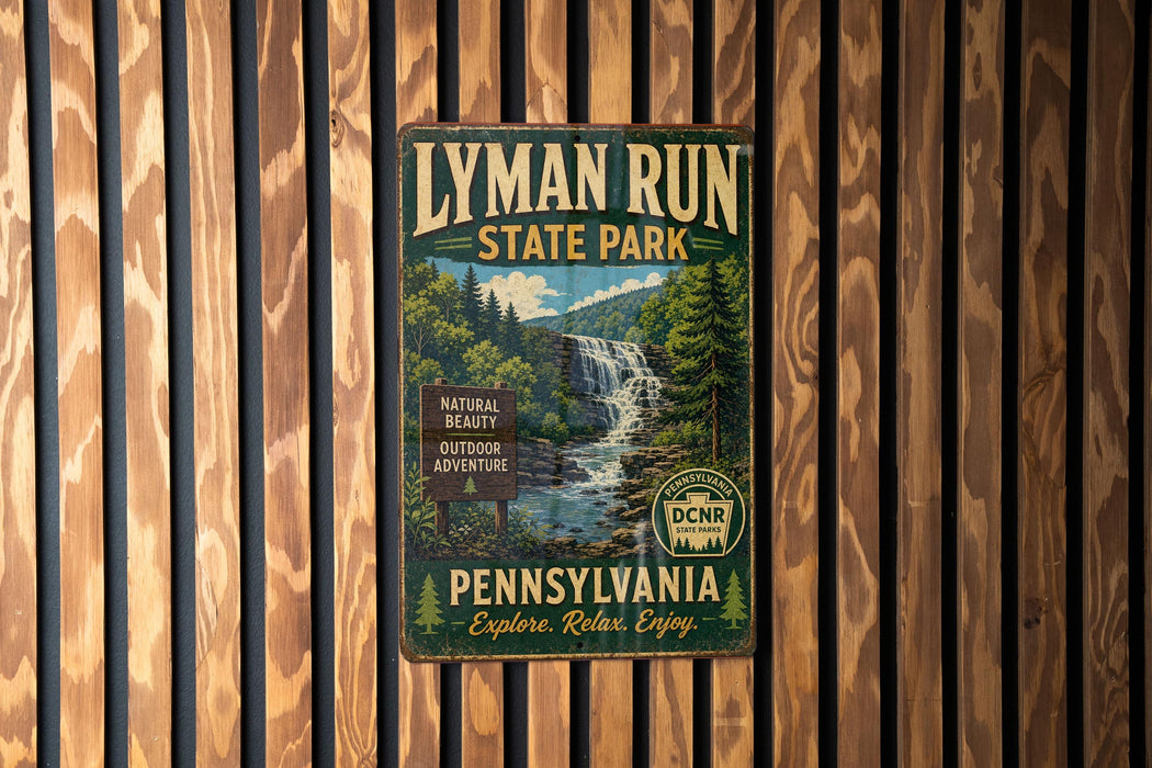 A vintage-style metal sign for Lyman Run State Park in Pennsylvania, featuring a scenic image of a waterfall surrounded by trees.