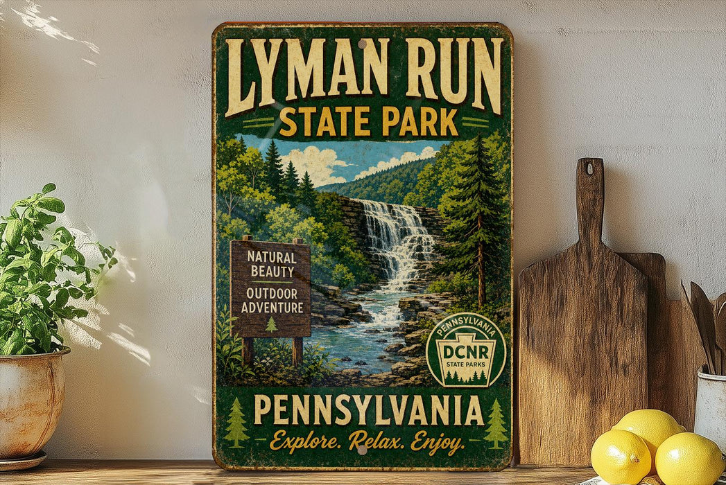 A vintage-style sign for Lyman Run State Park in Pennsylvania, featuring a scenic waterfall and lush greenery.