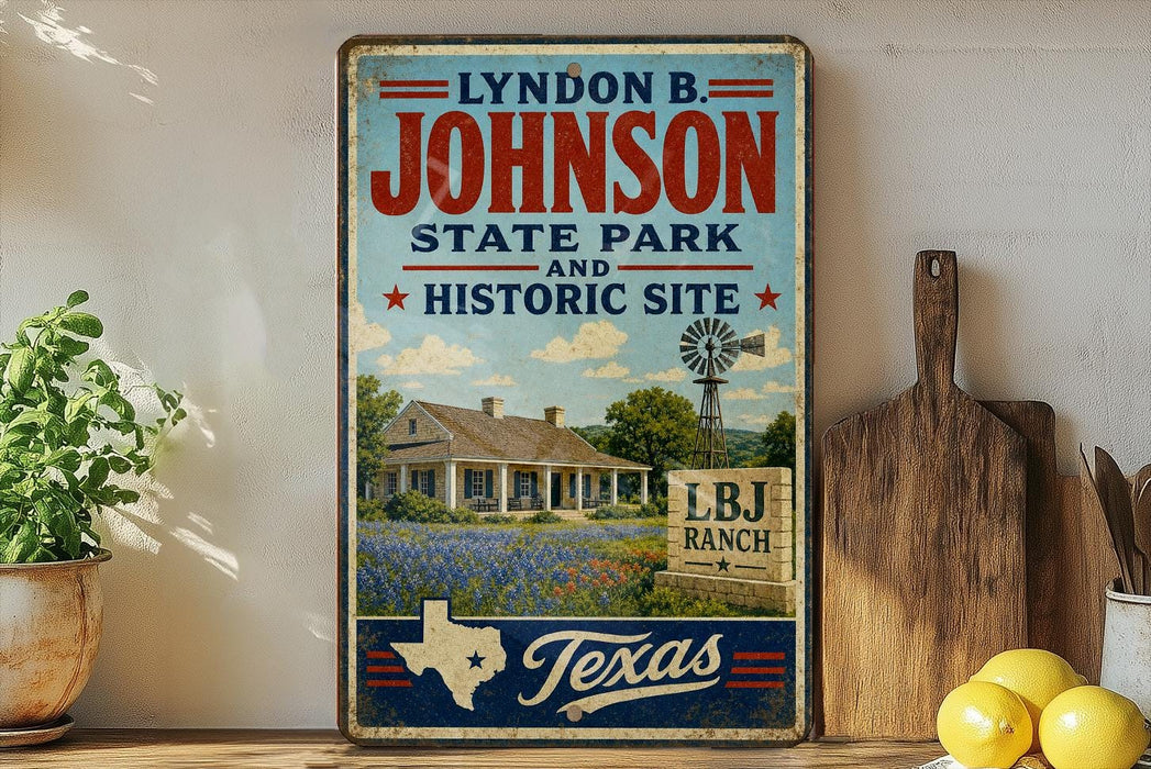 A vintage-style sign for "Lyndon B. Johnson State Park and Historic Site" in Texas, featuring a windmill and a house in the background.