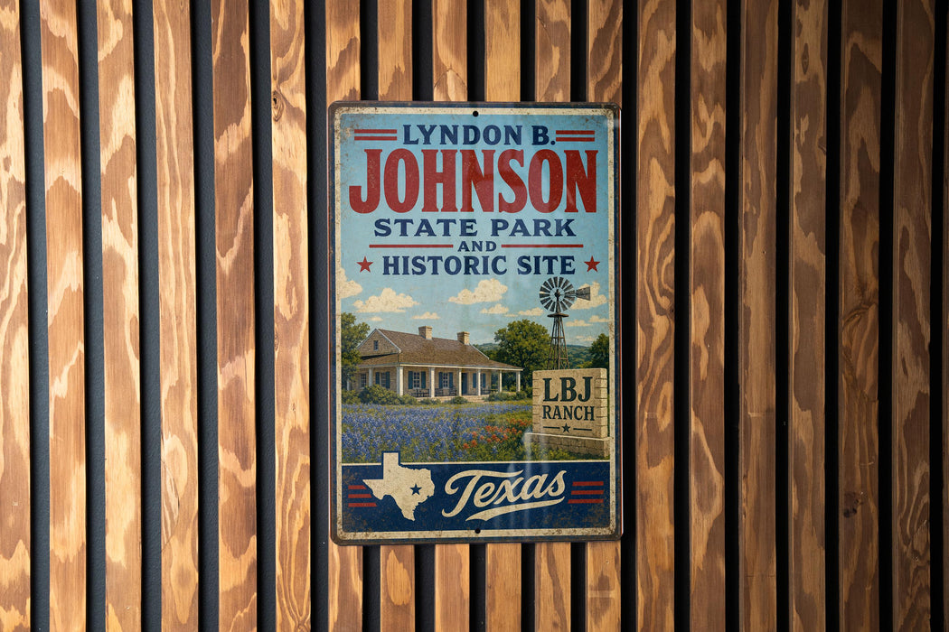 A vintage-style sign for the Lydon B. Johnson State Park and Historic Site, featuring a house and a windmill in a rural setting.