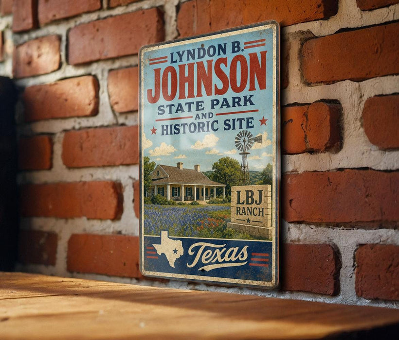 A vintage-style metal sign for the Johnson State Park and Historic Site in Texas, featuring a house and a windmill in the background.