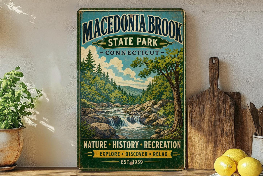 A vintage-style sign for Macerania Brook State Park in Connecticut, featuring a scenic illustration of a waterfall and forest.