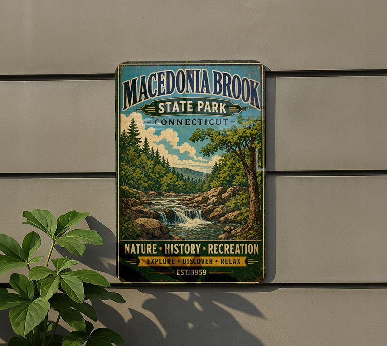 A vintage metal sign for Macedenia Brook State Park in Connecticut, featuring a scenic illustration of a forest and a waterfall.