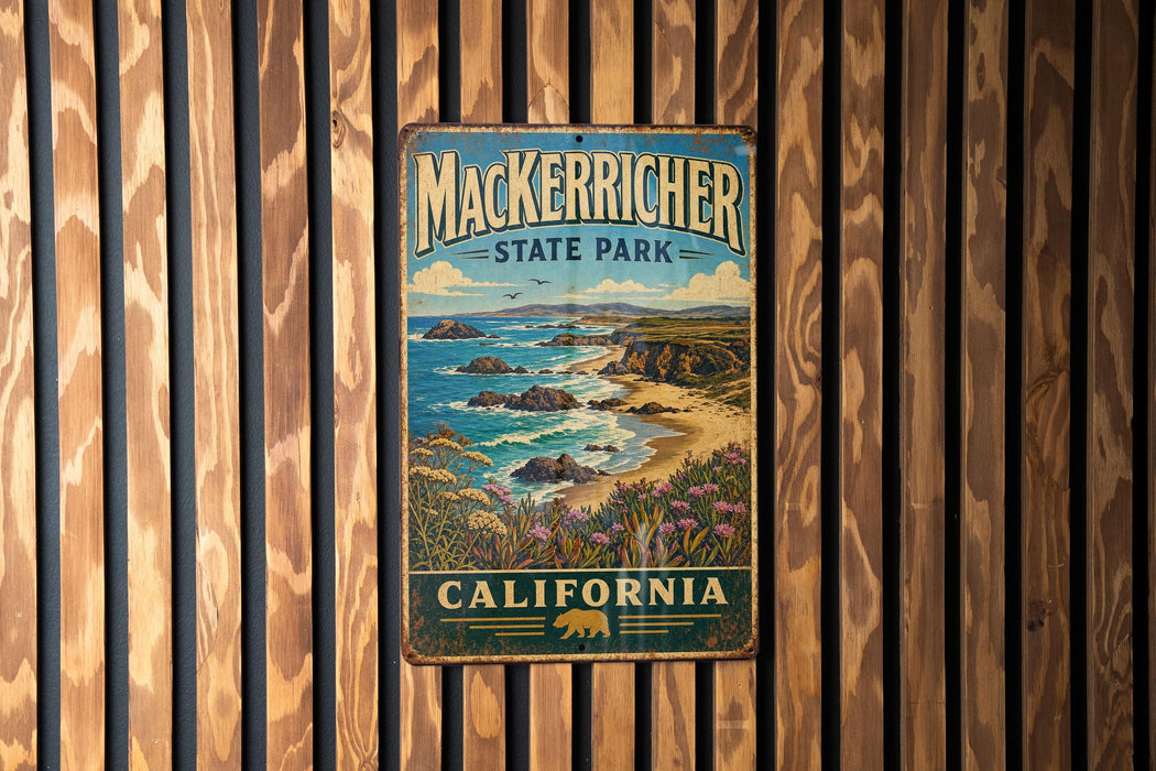 A vintage metal sign for Macker richer State Park in California, featuring a scenic coastal landscape with rocky cliffs, ocean waves, and a beach.