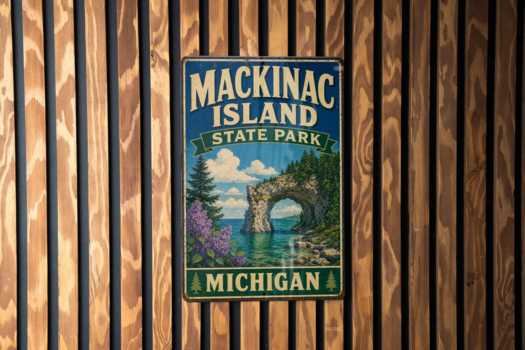 A vintage metal sign for Mackinac Island State Park in Michigan, featuring a scenic landscape with a rock arch and a body of water.