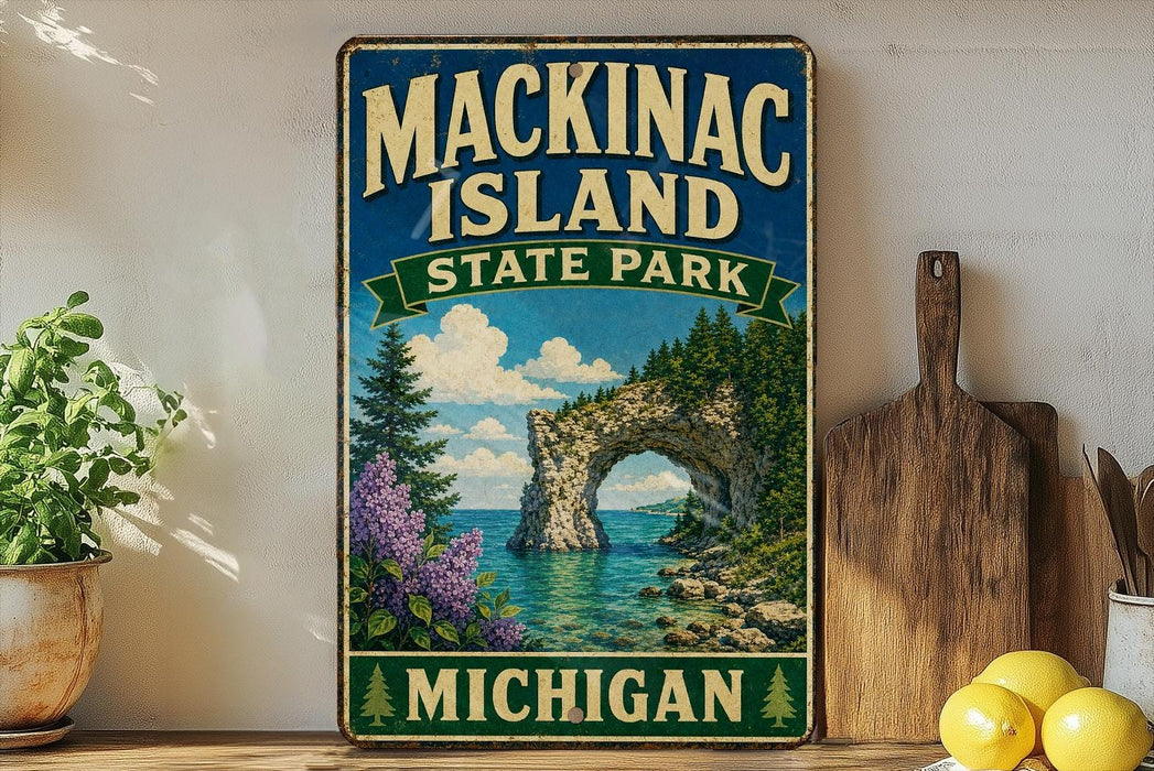 A vintage-style sign for Mackinac Island State Park in Michigan, featuring a scenic landscape with a rock arch, pine trees, and a lake.