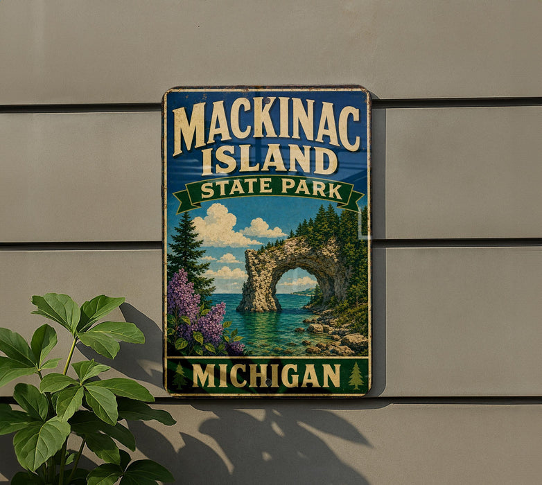 A vintage-style metal sign for Mackinac Island State Park in Michigan, featuring a scenic landscape with a natural arch and a body of water.