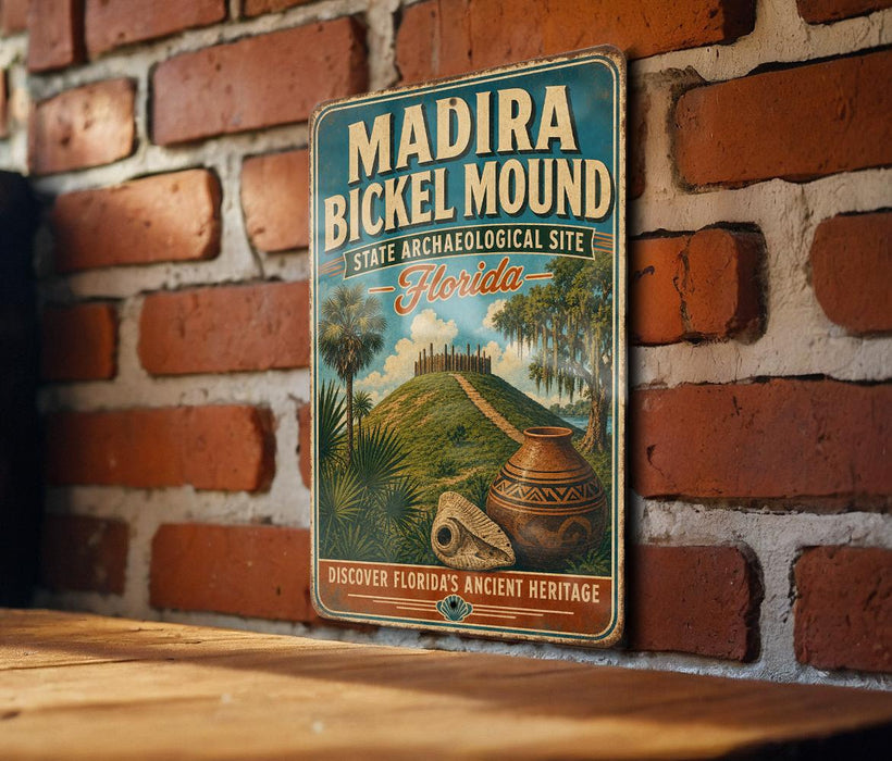 A vintage-style metal sign for Madira Bickel Mound, a state archaeological site in Florida, is displayed on a brick wall.