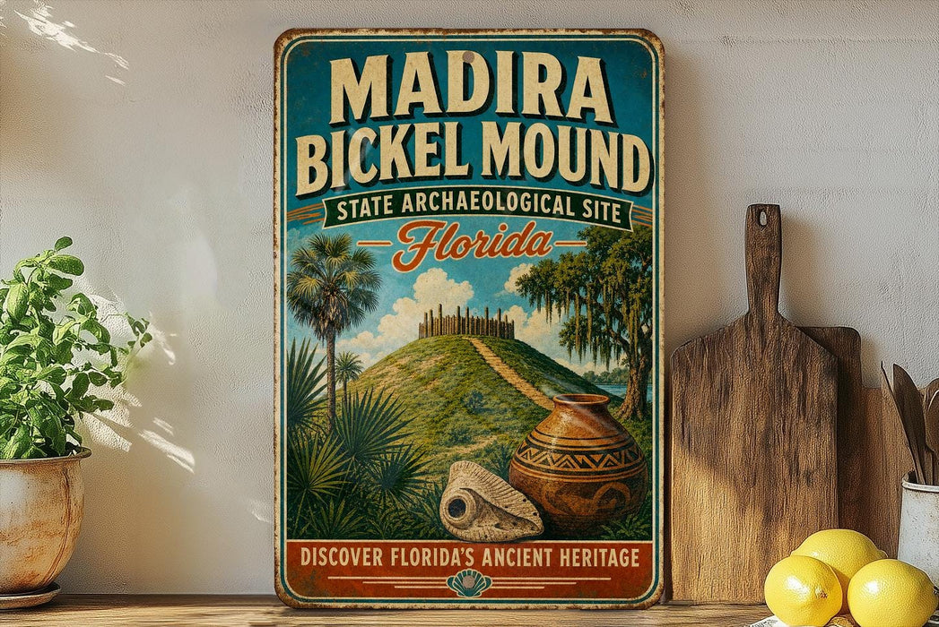 A vintage-style metal sign for Madira Bickel Mound, a state archaeological site in Florida, featuring a tropical landscape with palm trees, a castle, and a vase.