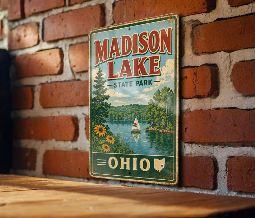 A vintage metal sign for Madison Lake State Park in Ohio, featuring a scenic illustration of a lake with a sailboat and surrounding landscape.