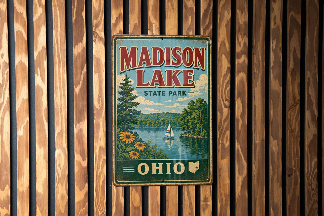 A vintage metal sign for Madison Lake State Park in Ohio, featuring a scenic landscape with a lake, trees, and a sailboat.