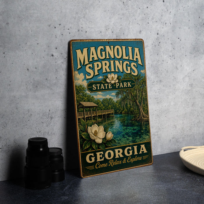 A vintage-style metal sign for Magnolia Springs State Park in Georgia, featuring a scenic illustration of the park's natural surroundings.