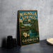A vintage-style metal sign for Magnolia Springs State Park in Georgia, featuring a scenic illustration of the park's natural surroundings.