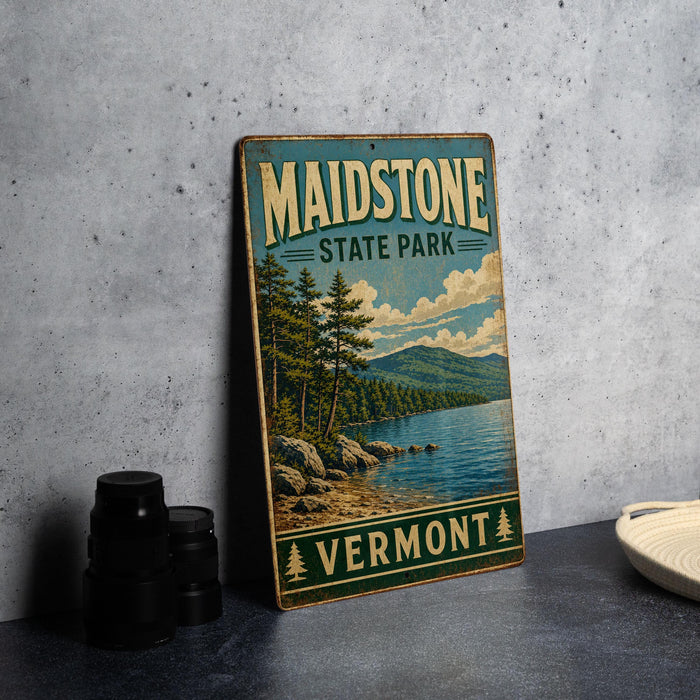 A vintage-style sign for Maidstone State Park in Vermont, featuring a scenic landscape with pine trees, a lake, and mountains.