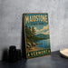 A vintage-style sign for Maidstone State Park in Vermont, featuring a scenic landscape with pine trees, a lake, and mountains.