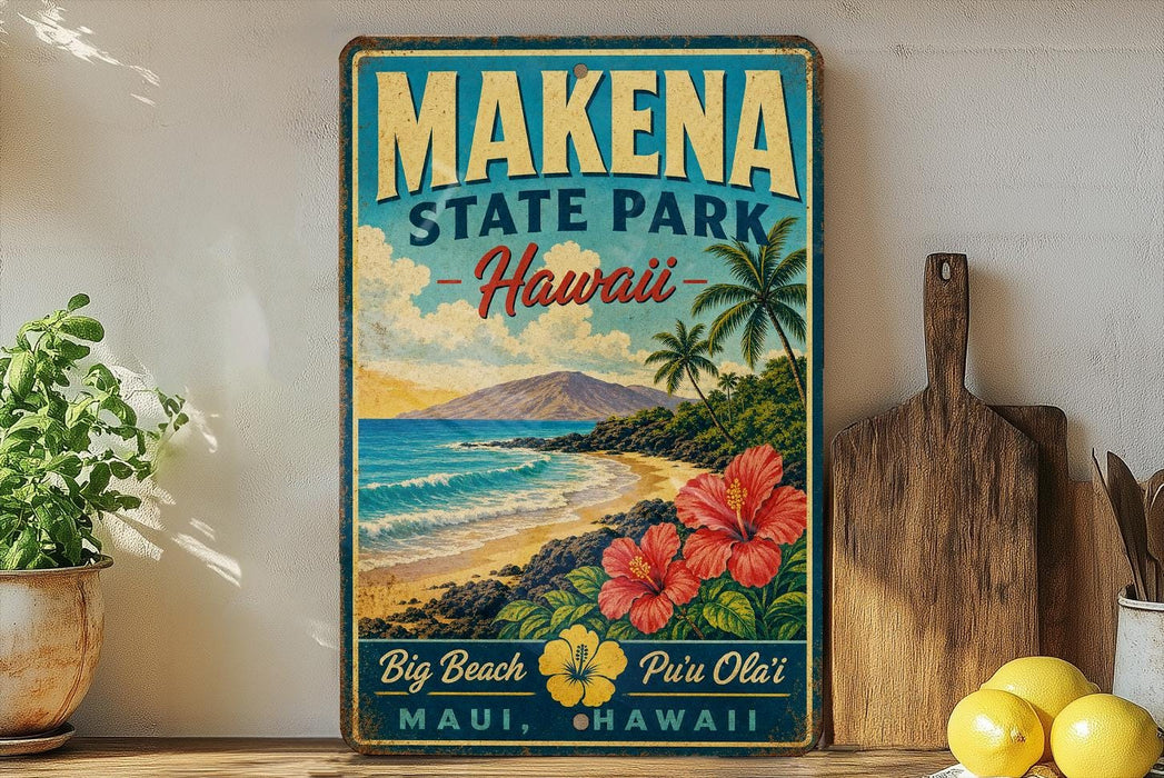 A vintage-style sign for Makena State Park in Hawaii, featuring a tropical beach scene with palm trees, flowers, and a mountain in the background.