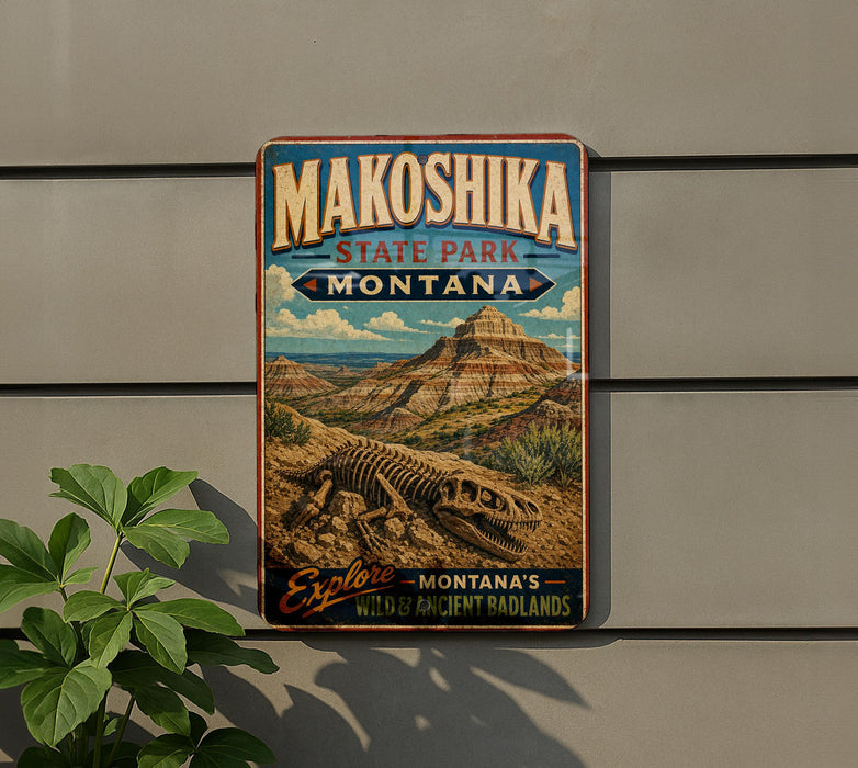 A vintage metal sign for Makoshika State Park in Montana, featuring an illustration of a dinosaur and a mountainous landscape.