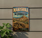 A vintage metal sign for Makoshika State Park in Montana, featuring an illustration of a dinosaur and a mountainous landscape.