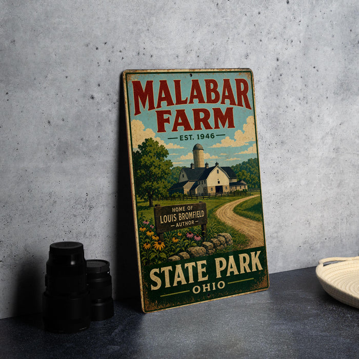 A vintage-style sign for Malabar Farm, featuring a farm scene with a barn and a dirt road, is displayed on a gray wall.