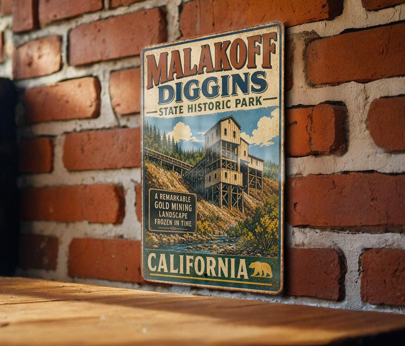 A vintage metal sign for Malakoff Diggin's State Historic Park in California, featuring an illustration of a mining operation on a hillside.