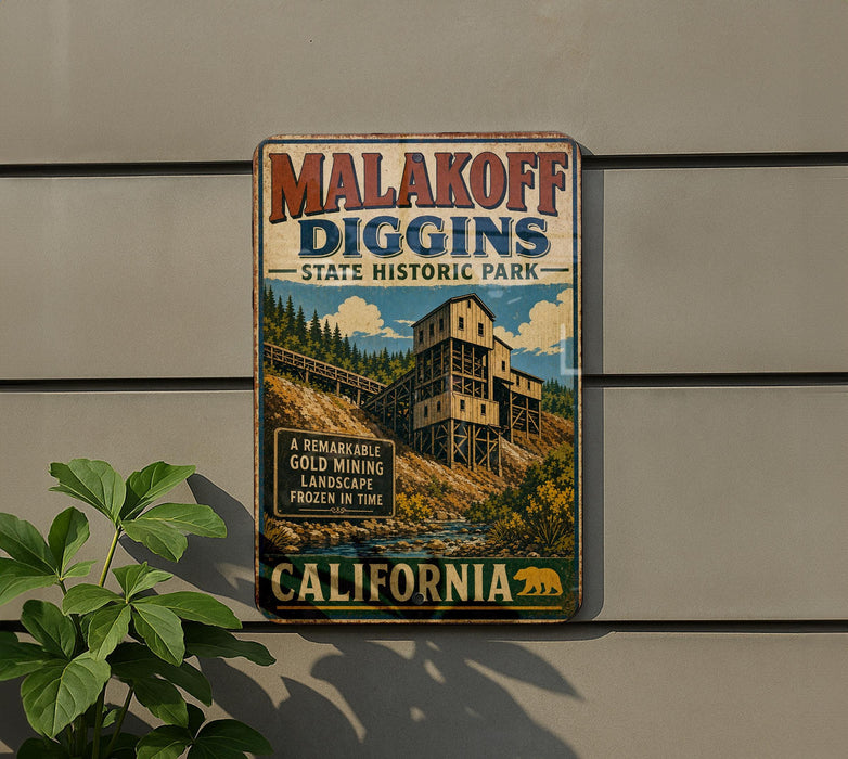 A vintage-style sign for Malakoff Diggins State Historic Park in California, featuring an illustration of a gold mining operation.