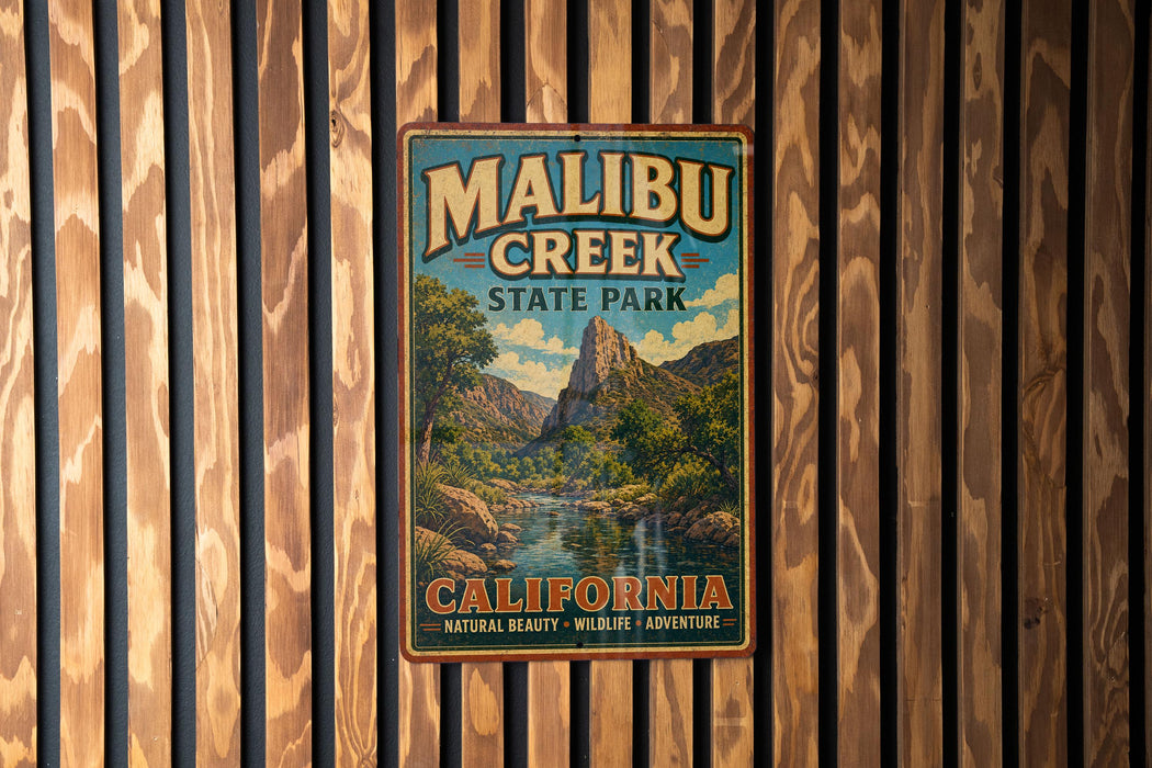 A vintage-style metal sign for Malibu Creek State Park in California, featuring a scenic mountain landscape.