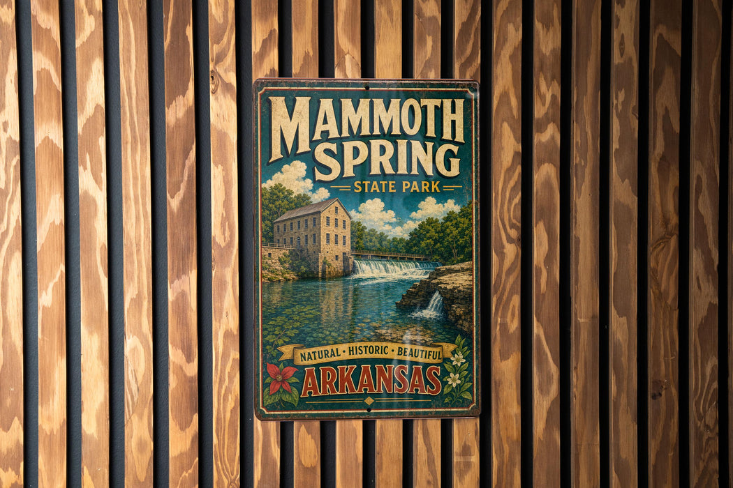 A vintage-style metal sign for Mammoth Spring State Park in Arkansas, featuring a scenic illustration of a waterfall and a building.